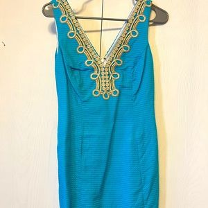 Lilly Pulitzer Turquoise Mini Dress with Gold Embellished V-Neck